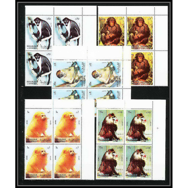 655b Sharjah - MNH ** Mi N° 1012 / 1016 A singes (singe monkey monkeys ape apes) colombus mandrill chimpanzee Bloc 4