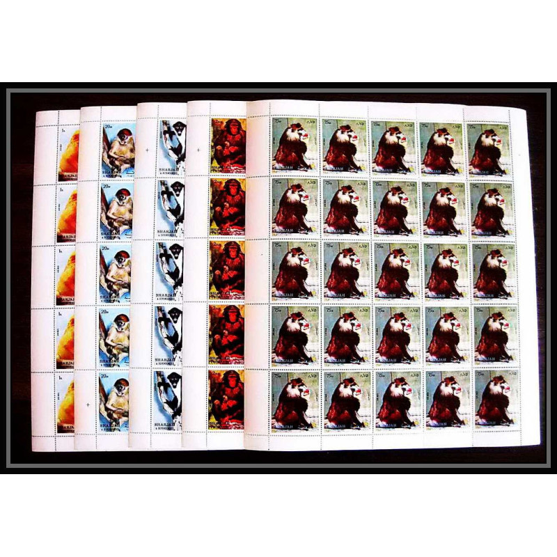 655c Sharjah - MNH ** Mi N° 1012 / 1016 A singes singe monkey monkeys apes mandrill chimpanzee feuilles sheets 