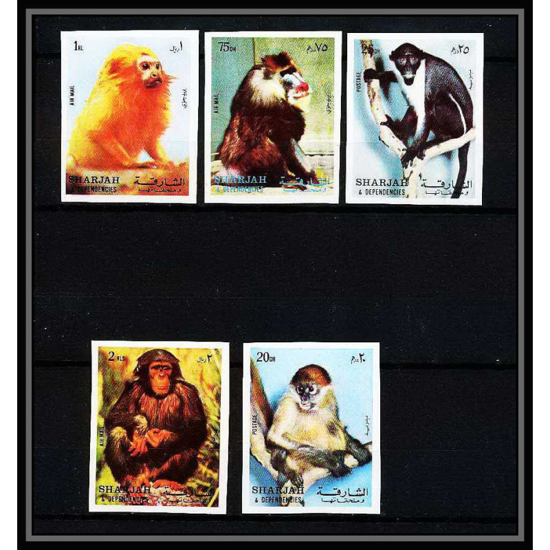 656 Sharjah - MNH ** Mi N° 1012 / 1016 B singes (singe monkeys apes) colombus mandrill chimpanzee non dentelé (imperf)