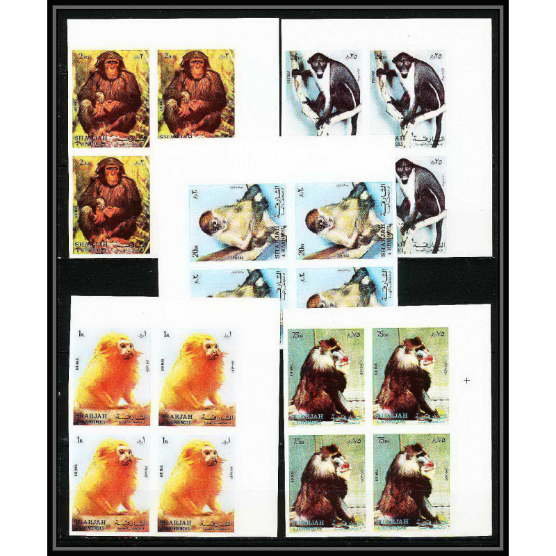 656b Sharjah MNH ** Mi N° 1012 / 1016 B Bloc 4 singes (monkeys apes) colombus mandrill chimpanzee non dentelé (imperf)
