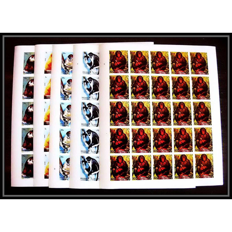 656c Sharjah - MNH ** Mi N° 1012 / 1016 B singes singe monkeys apes chimpanzee feuilles sheets Non dentelé imperf