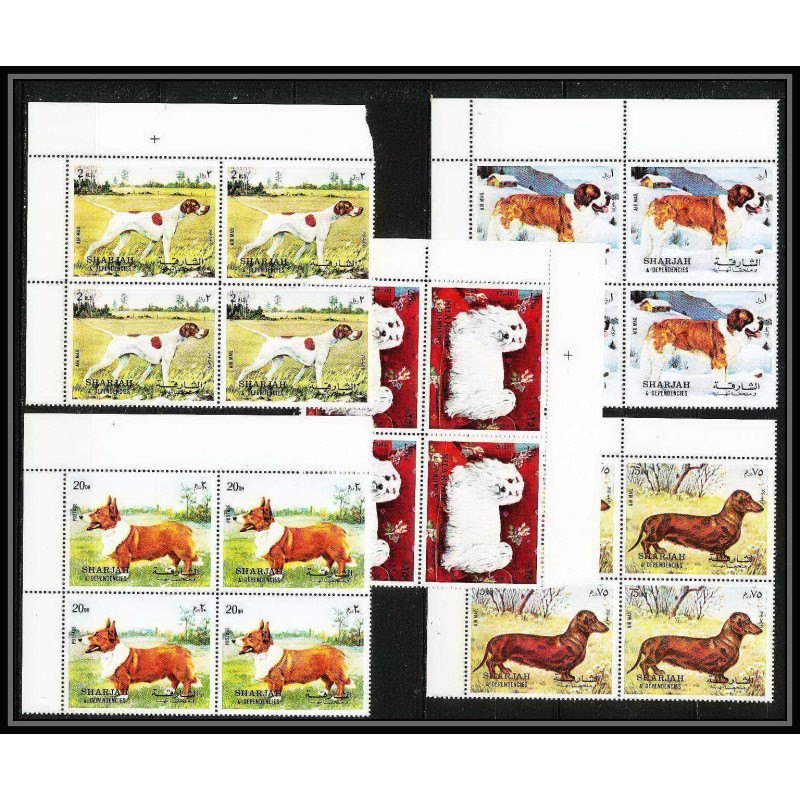 657b Sharjah - MNH ** Mi N° 1024 / 1028 A Chiens (chien dog dogs) pointer st bernard dachshund corgi pomeranian bloc 4