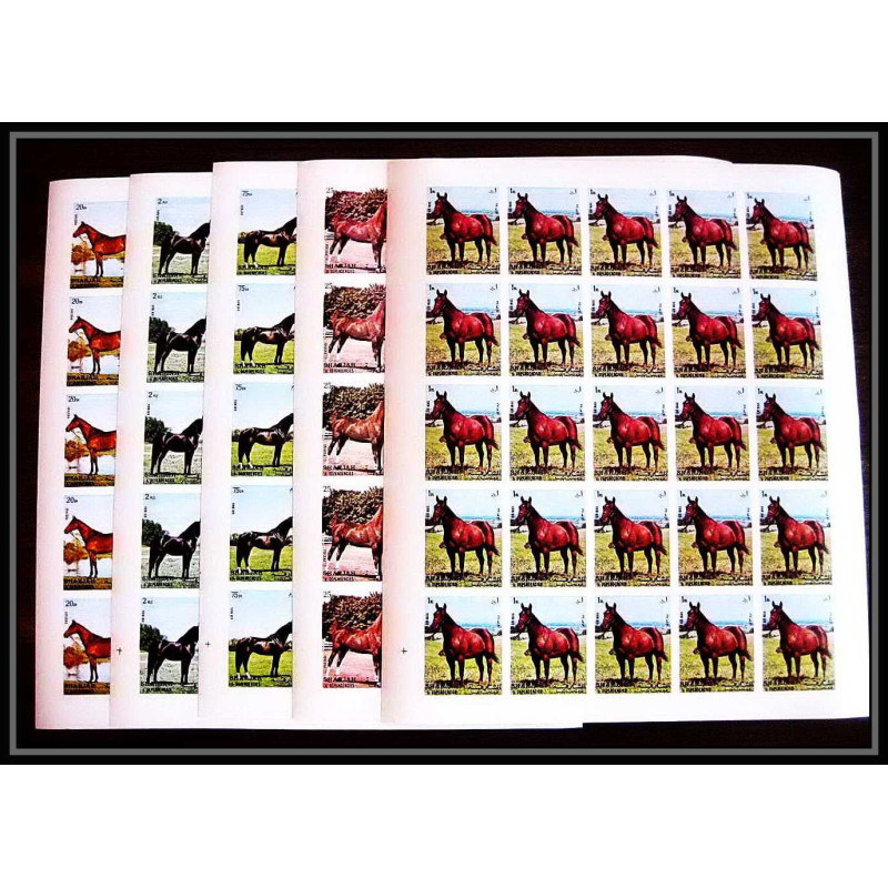 660c Sharjah - MNH ** Mi N° 1006 / 1010 B non dentelé (Imperf) cheval (chevaux horse horses) feuilles sheets