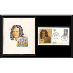 3020 France N°1748 Duguay-Trouin pirate bateau ship Maquette d'artiste original paint artist work FDC 1973 signé Chesnot