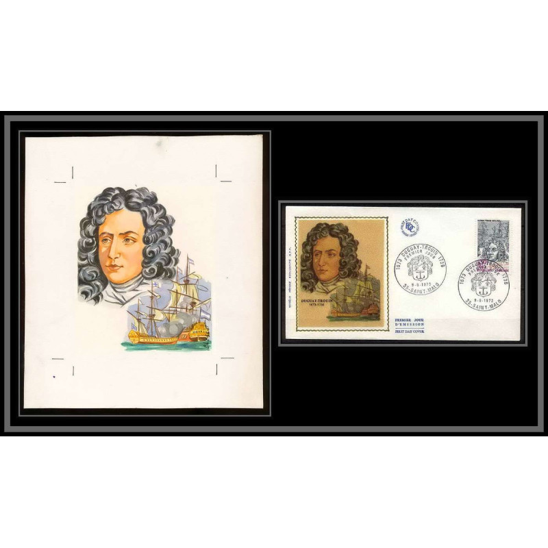 3020 France N°1748 Duguay-Trouin pirate bateau ship Maquette d'artiste original paint artist work FDC 1973 signé Chesnot