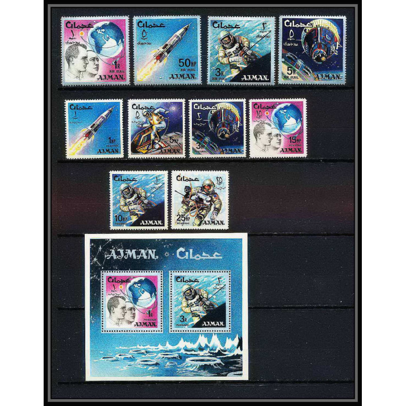 685b Ajman - MNH ** Mi N° 93 / 102 A + Bloc 8 A espace space research gemini mercury atlas booster