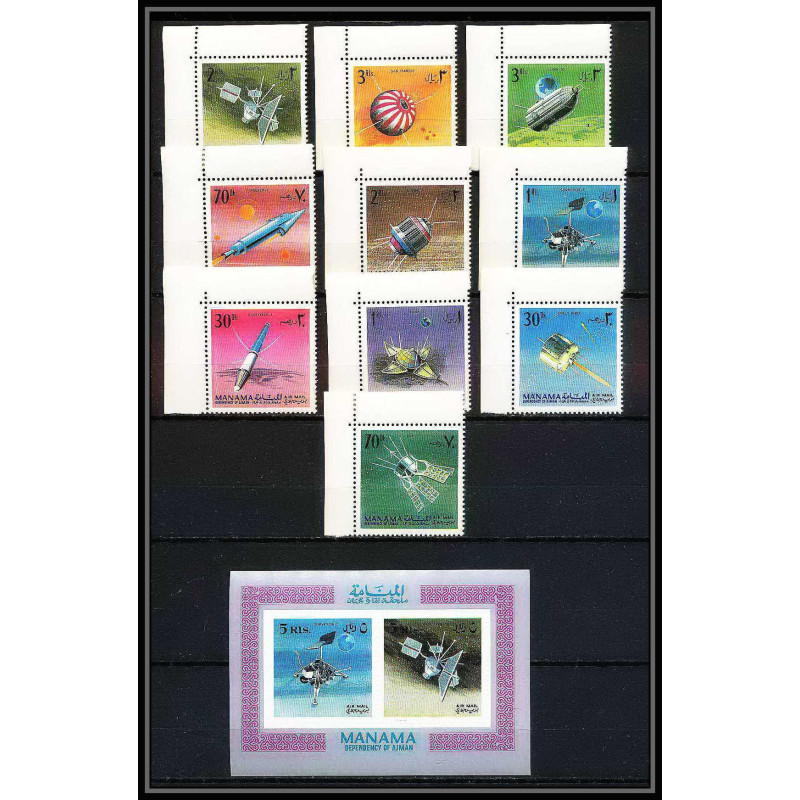 695c Manama - MNH ** Mi N° 87 / 96 A + Bloc N° 8 A probes Satellites espace space research explorer luna lunik 