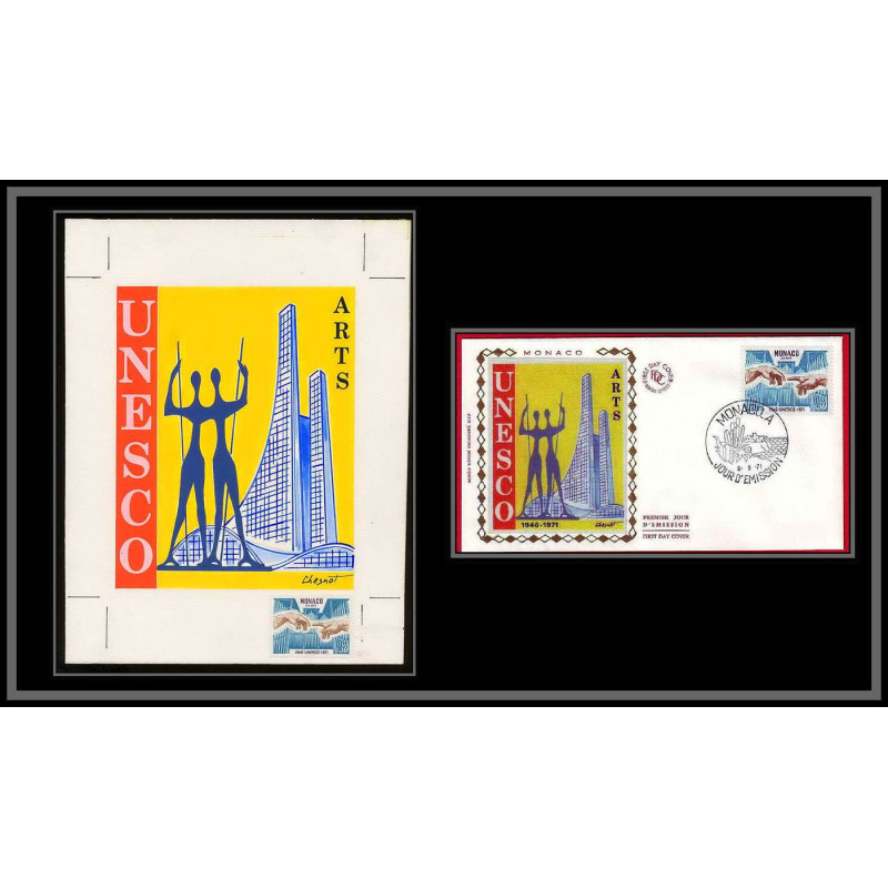 3031 Monaco N°855 UNESCO les arts Maquette d'artiste original paint artist work FDC signé Chesnot 1971