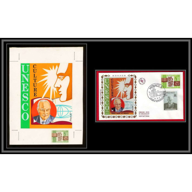 3032 Monaco N°857/858 UNESCO Michel-Ange prince Maquette d'artiste original paint artist work FDC signé Chesnot 1971