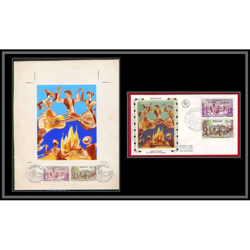 3040 Monaco 941/942 brandi danse dance feu de la st jean Maquette d'artiste original artist work FDC signé Chesnot 1973