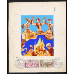 3040 Monaco 941/942 brandi danse dance feu de la st jean Maquette d'artiste original artist work FDC signé Chesnot 1973