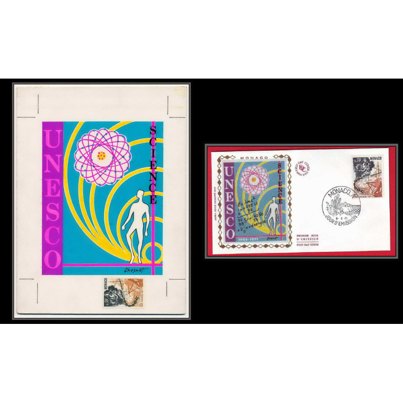 3043 Monaco N°856 unesco sciences SCIENCE Maquette d'artiste original artist work FDC signé Chesnot 1971