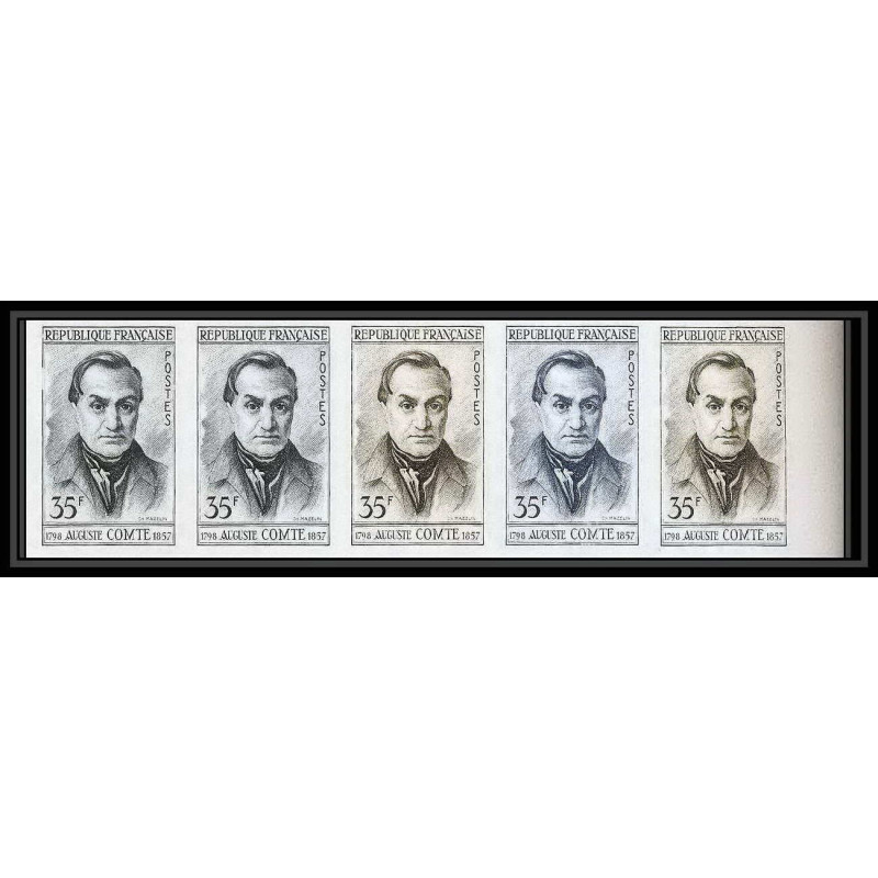 France N°1121 Auguste Comte philosophe ecrivain writer trial color proof Non dentelé imperf ** MNH bande 5