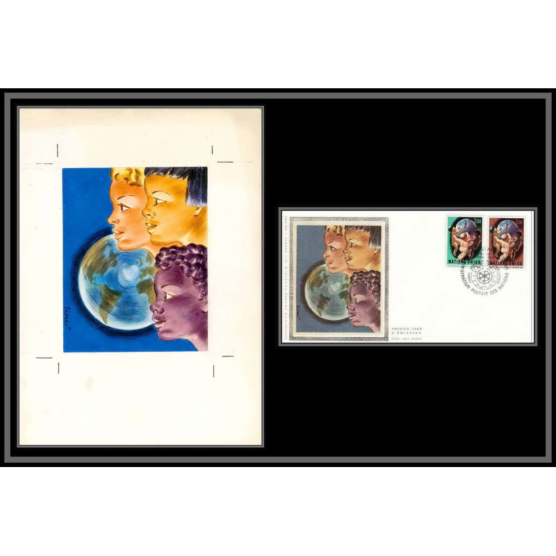 3044 Nations Unies Genève mi N°43/44 enfants childs Maquette d'artiste original artist work FDC signé Chesnot 1974