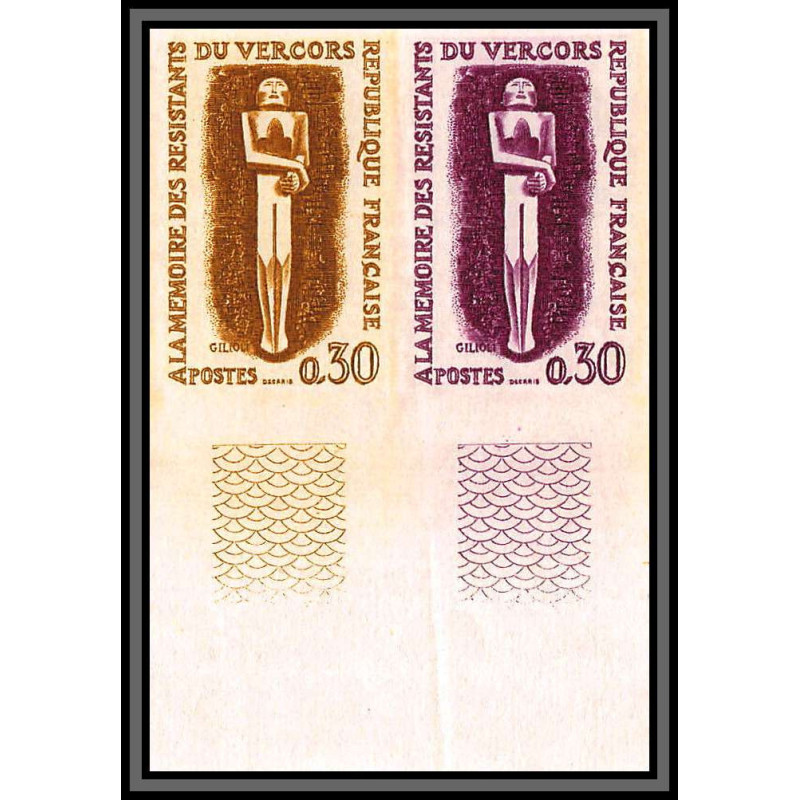 France N°1336 Hauts lieux de la Résistance Vercors Essai color proof Non dentelé (imperf) paire 1962