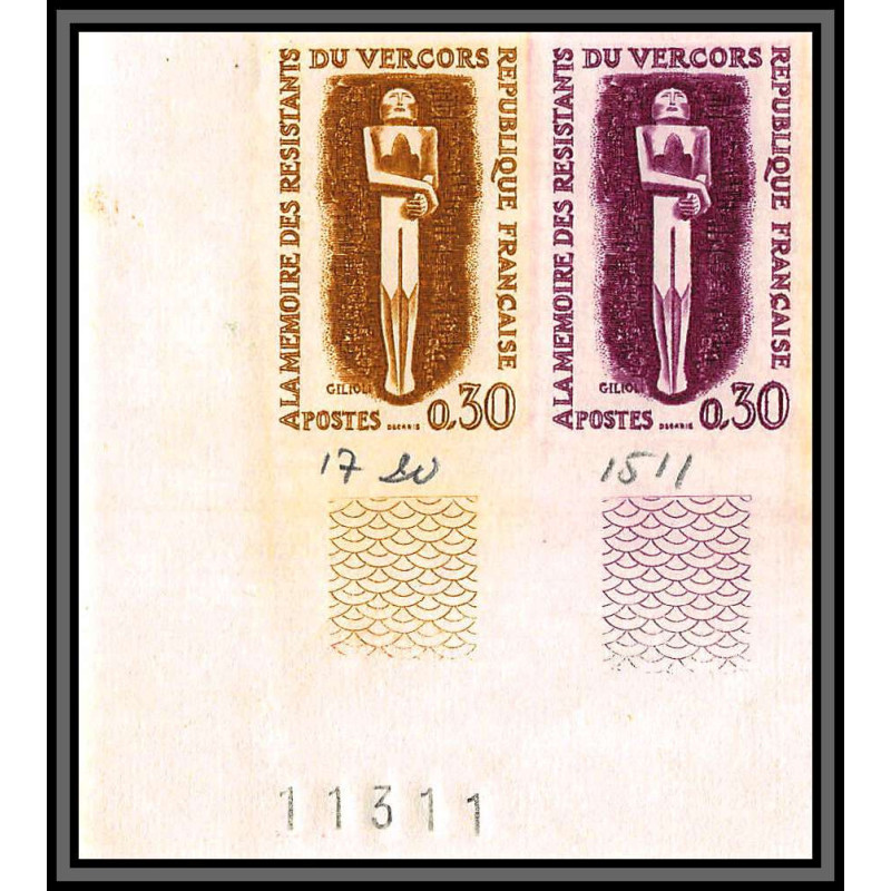 France N°1336 Hauts lieux de la Résistance Vercors Essai proof Non dentelé imperf paire coin de feuille réf couleurs