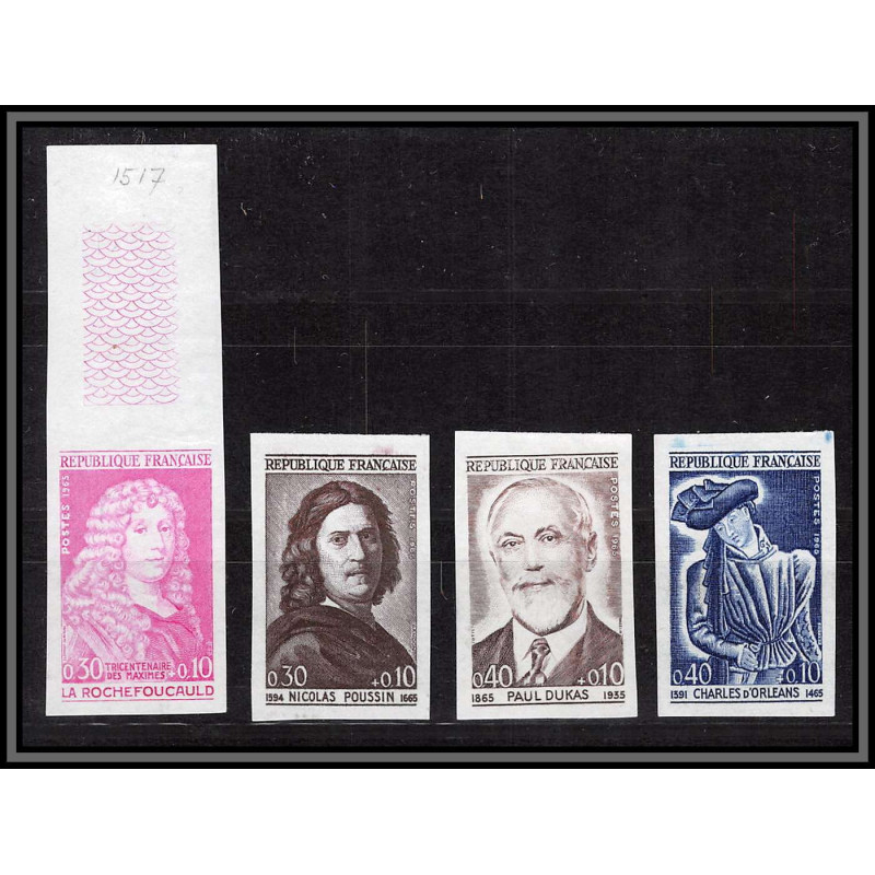 France N°1442/1445 rochefoucauld Poussin Dukas célébrités 1965 Essai proof Non dentelé imperf Sans gomme no gum (*) 1965