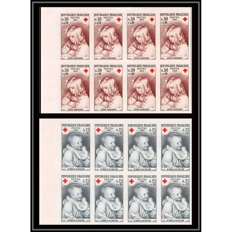 France N°1466/1467 Croix rouge (red cross) 1965 Tableau (Painting) renoir Non dentelé imperf ** bloc de 8 cote 1200 RRR