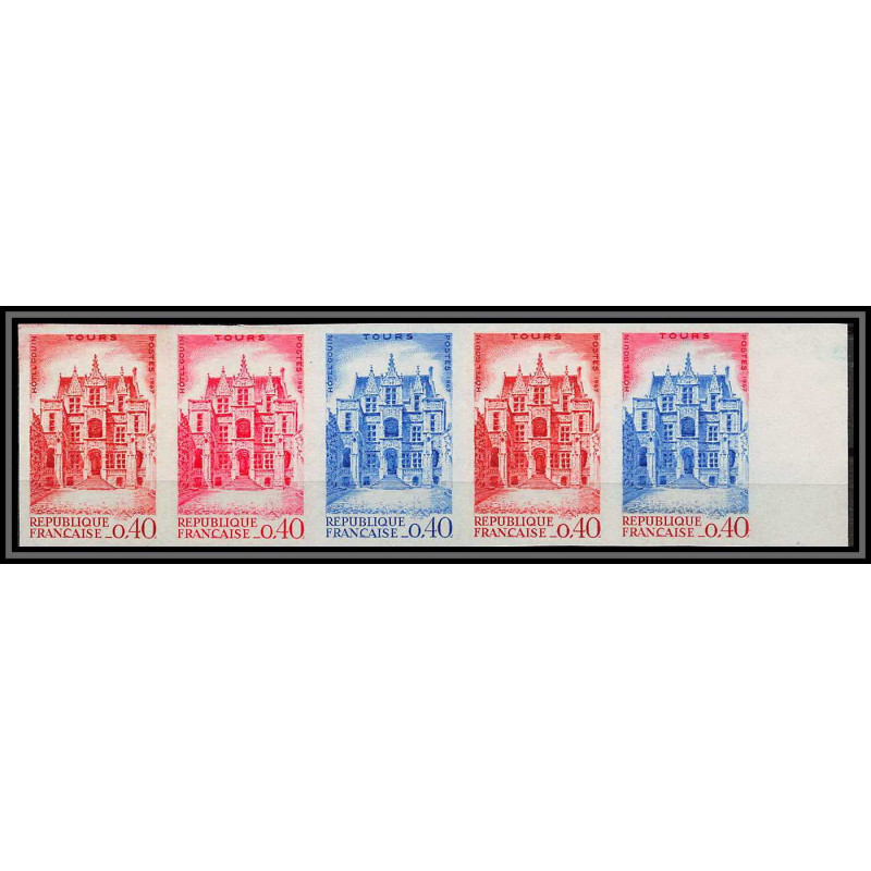 France N°1525 sociétés philatéliques hotel gouin tours bande de 5 Essai (trial color proof) Non dentelé (imperf **