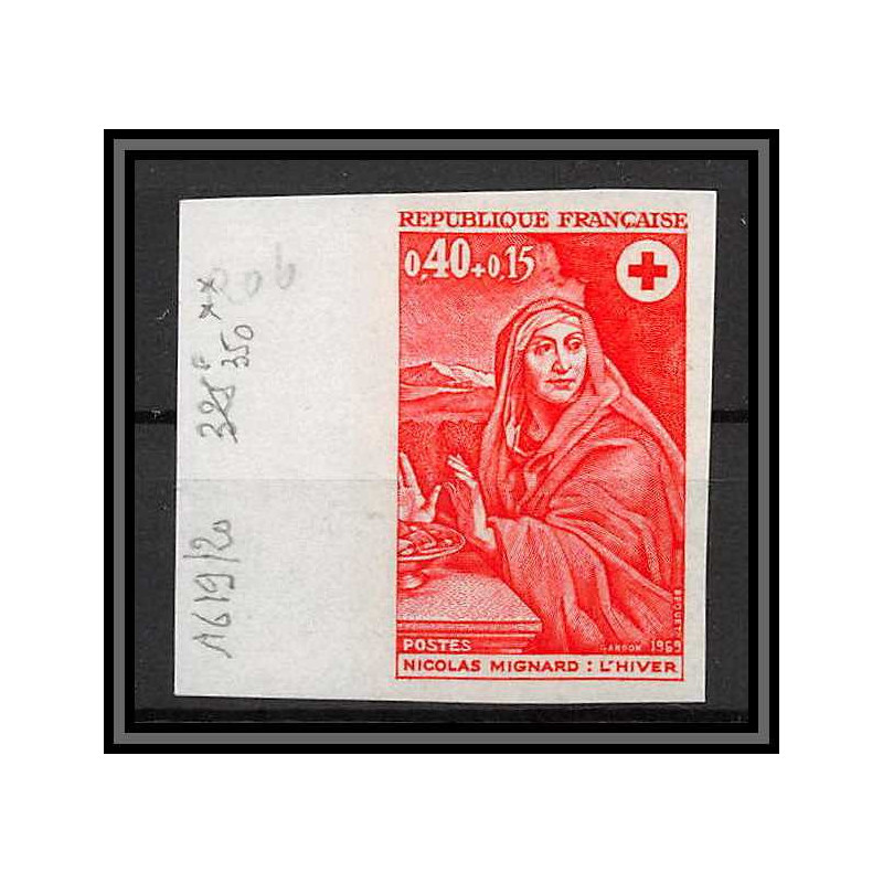 France N°1620 Croix rouge (red cross) 1969 Tableau (Painting) mignard Non dentelé ** MNH (Imperf)