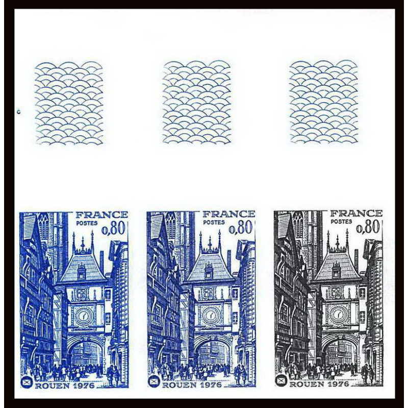 France N°1875 sociétés philatéliques ROUEN 1976 Essai color proof Non dentelé imperf ** MNH bande 3 couleurs