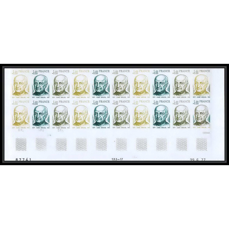 France N°1954 Abbé Breuil préhistorien français prehistoric color proof Non dentelé imperf ** MNH bloc 20 coin daté RRR