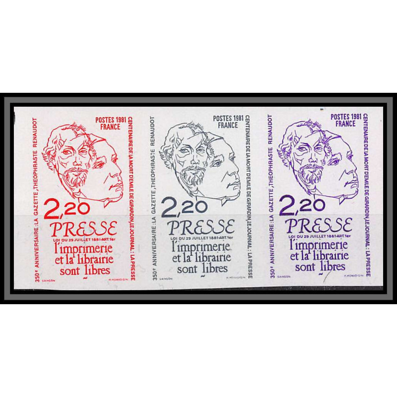 France N°2143 liberté de la Presse renaudot girardin 1981 freedom of media Essai proof Non dentelé imperf ** mnh strip 3