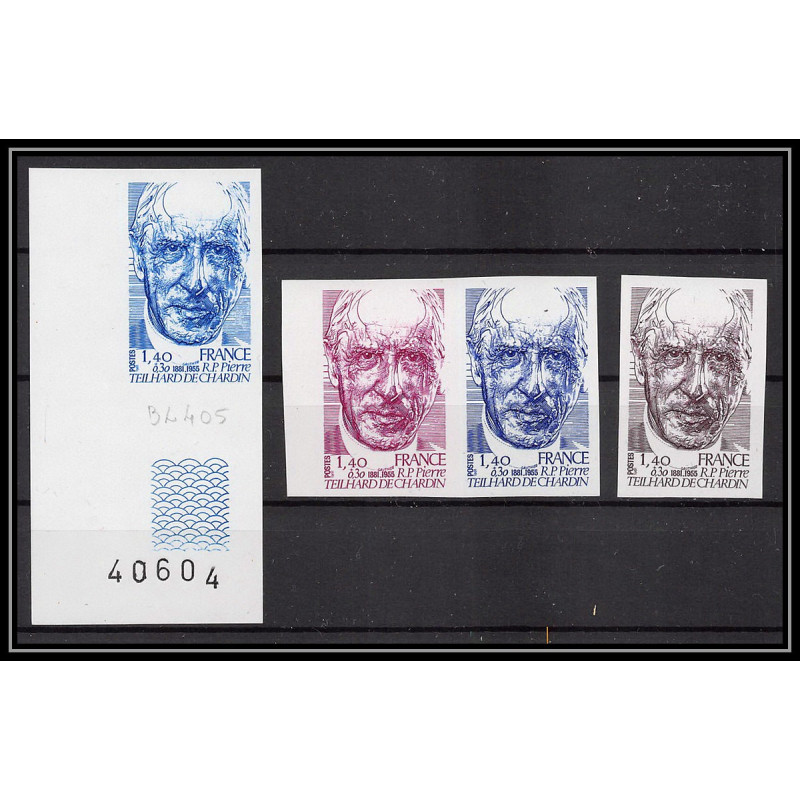 France N°2152 Révérend-Père Teilhard de Chardin lot de 4 couleurs trial proof Non dentelé imperf ** MNH coin de feuille