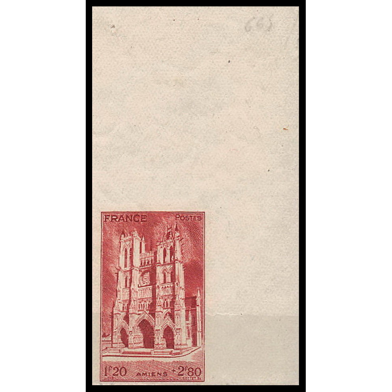 France N°665 Cathédrales Amiens (église church) coin de feuille Non dentelé ** MNH (Imperf)