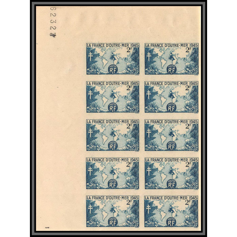 France N°741 Outre-mer Croix de Lorraine Non dentelé imperf ** MNH bloc 10 coin de feuille cote dallay 500 euros