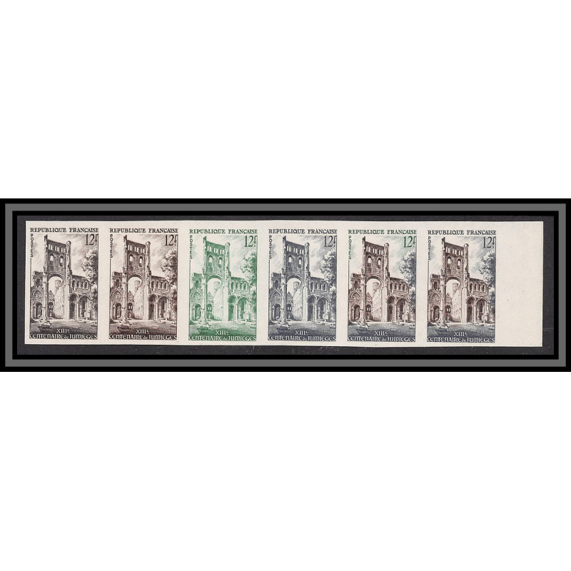 France N°985 abbaye de Jumièges bande de 6 Essai (trial color proof) Non dentelé imperf ** MNH