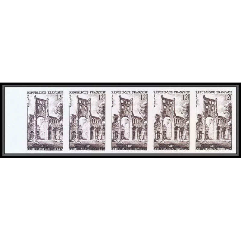 France N°985 abbaye de Jumièges eglise church bande de 5 trial color proof Non dentelé imperf ** MNH