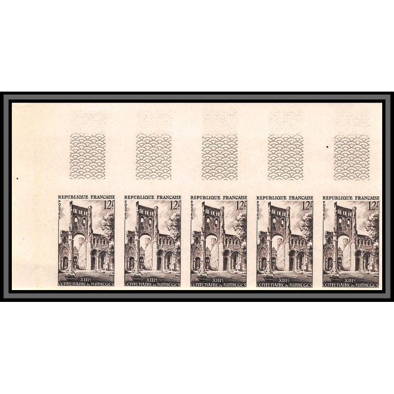 France N°985 abbaye de Jumièges eglise church bande de 5 trial color proof Non dentelé imperf ** MNH