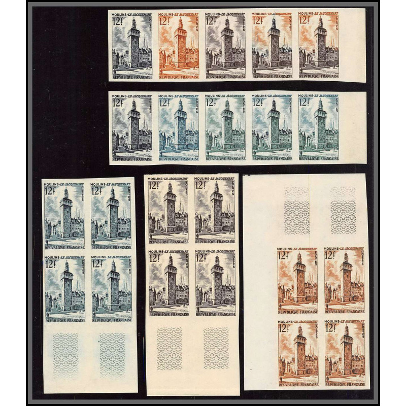 France N°1025 Tour de l'Horloge Jacquemart de Moulins allier 22 valeurs + Non dentelé ** MNH (Imperf) essai proof