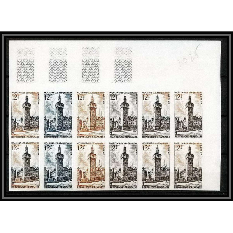 France N°1025 Tour de l'Horloge Jacquemart de Moulins allier bande de 12 Non dentelé ** MNH (Imperf) essai proof