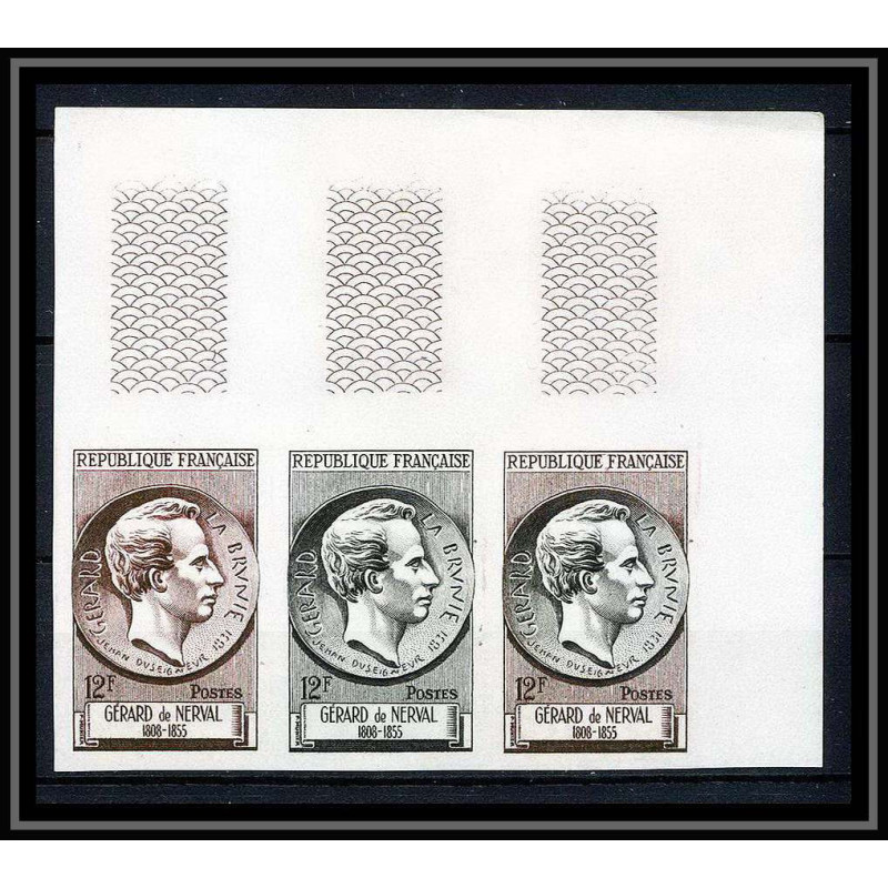 France N°1043 écrivain writter Gérard de nerval Labrunie bande de 3 Essai (trial color proof) Non dentelé (imperf) **