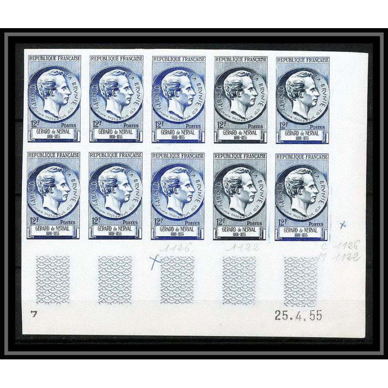 France N°1043 écrivain writter Gérard de nerval Labrunie Bloc de 10 coin daté Essai (trial color proof) Non dentelé (imp