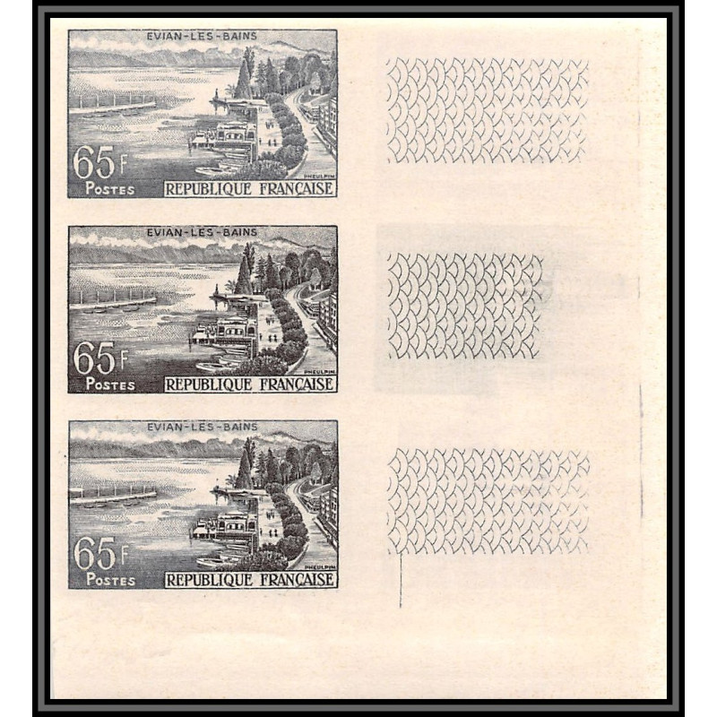 France N°1131 Evian-les-Bains bande de 3 Essai (trial color proof) Non dentelé imperf ** MNH