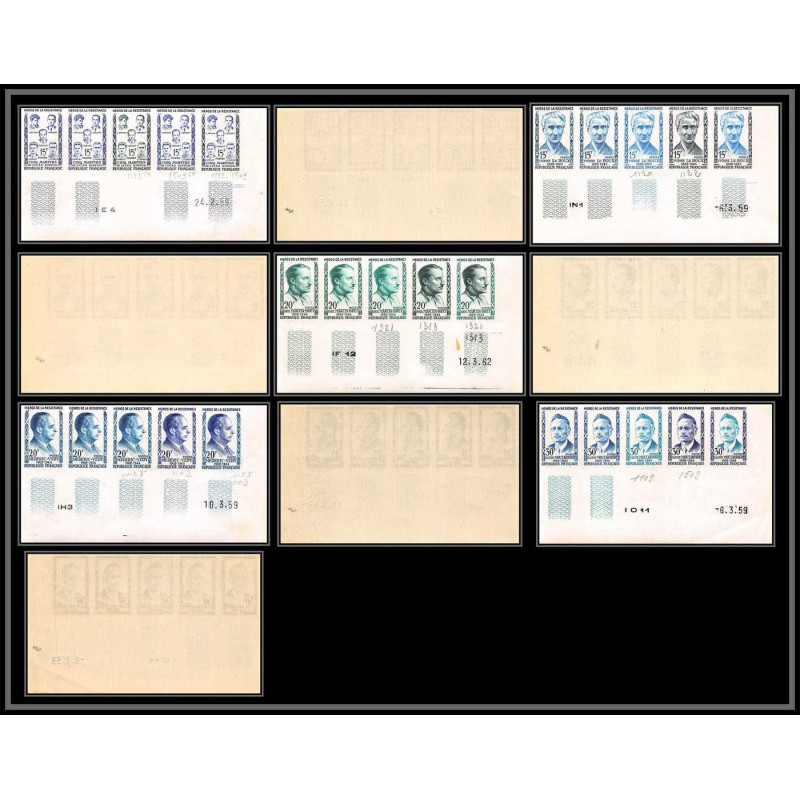 France N°1198/1202 Héros de la Résistance guerre 1939/1945 bande 5 Essai trial proof Non dentelé imperf **