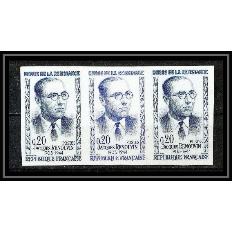France N°1288 Héros de la Résistance Jacques Renouvin bande de 3 Essai (trial color proof) Non dentelé imperf **