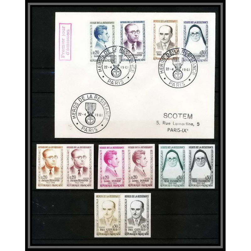 France N°1288/1291 Héros de la Résistance 1961 lot de 4 paires Essai (proof) Non dentelé imperf ** MNH