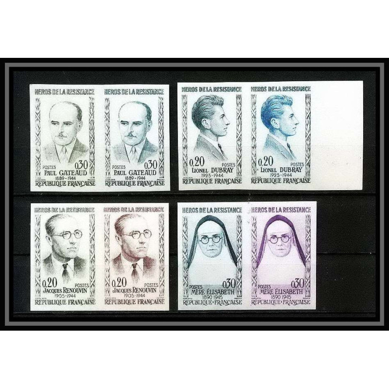 France N°1288/1291 Héros de la Résistance 1961 lot de 4 paires Non dentelé ** MNH (Imperf)