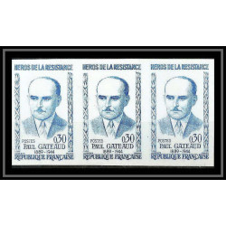 France N°1290 Héros de la Résistance Paul Gateaud bande de 3 Essai (trial color proof) Non dentelé imperf ** MNH