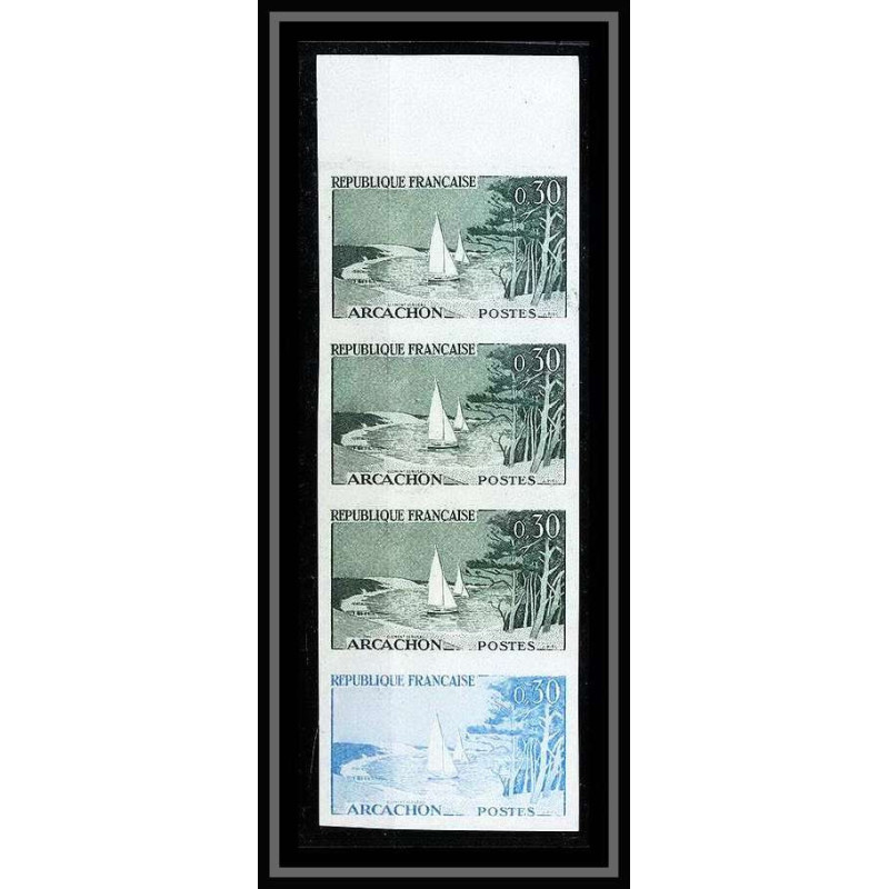 France N°1312 Arcachon Gironde bande de 4 Essai (trial color proof) Non dentelé imperf ** MNH