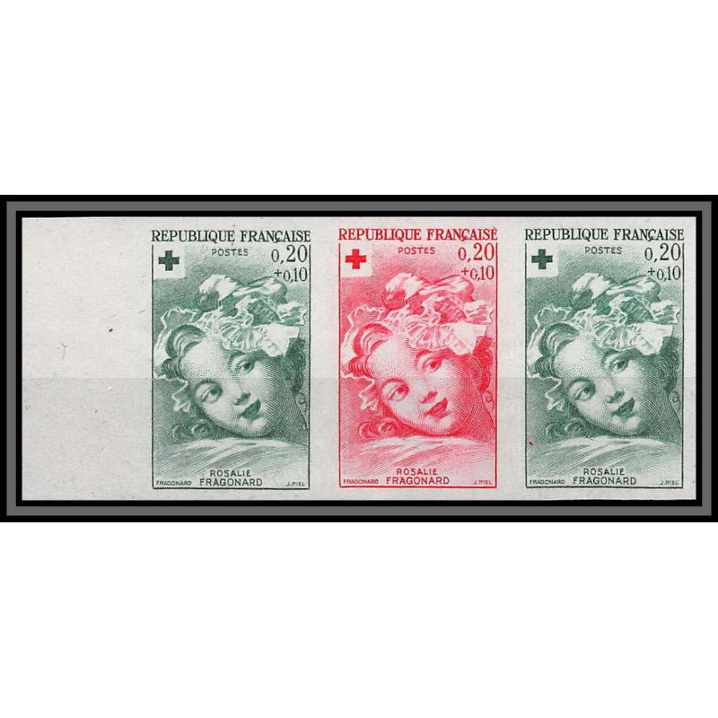 France N°1366 Croix rouge red cross 1962 essai proof Non dentelé ** MNH Imperf Fragonard Tableau Painting bande 3 strip