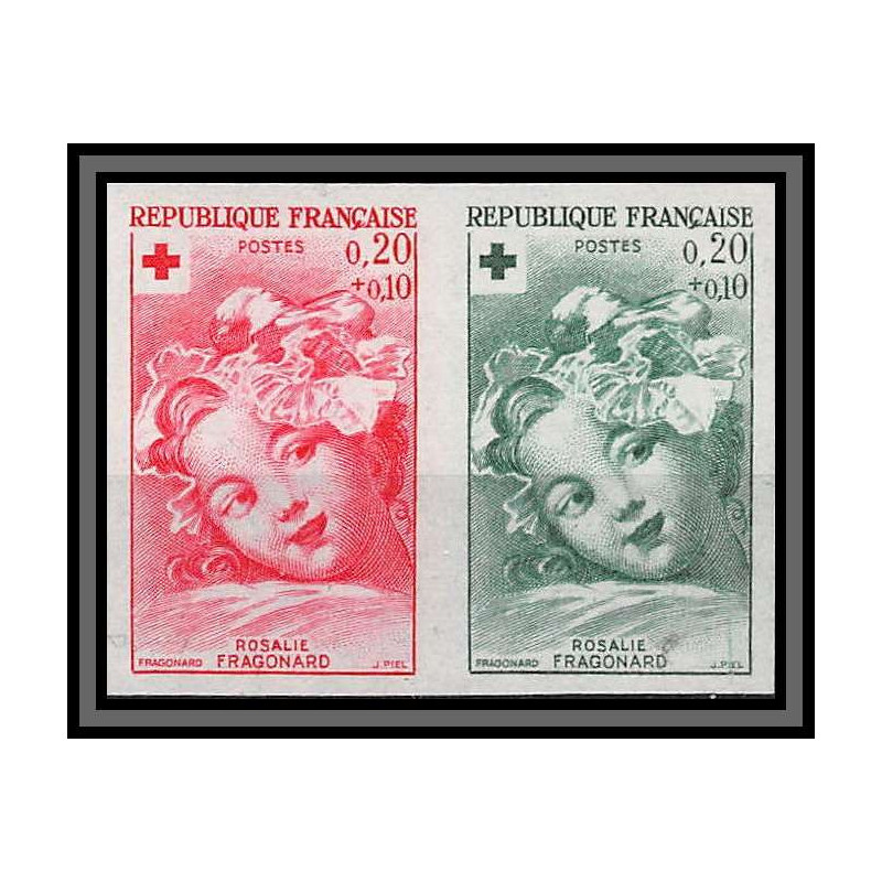 France N°1366 Croix rouge red cross 1962 essai proof Non dentelé ** MNH Imperf Fragonard Tableau Painting paire strip