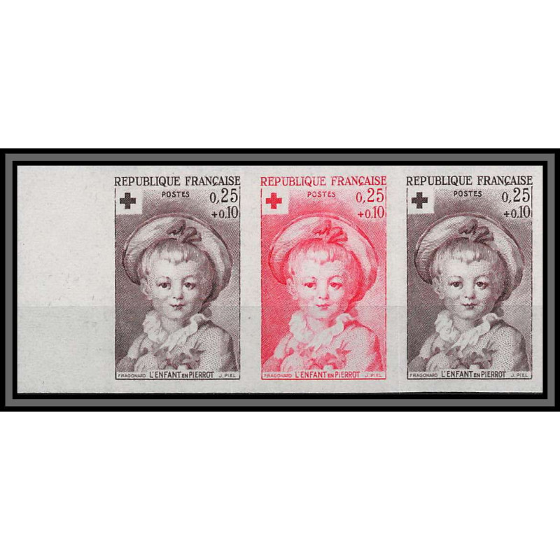 France N°1367 Croix rouge red cross 1962 essai proof Non dentelé ** MNH Imperf Fragonard Tableau Painting bande 3 strip