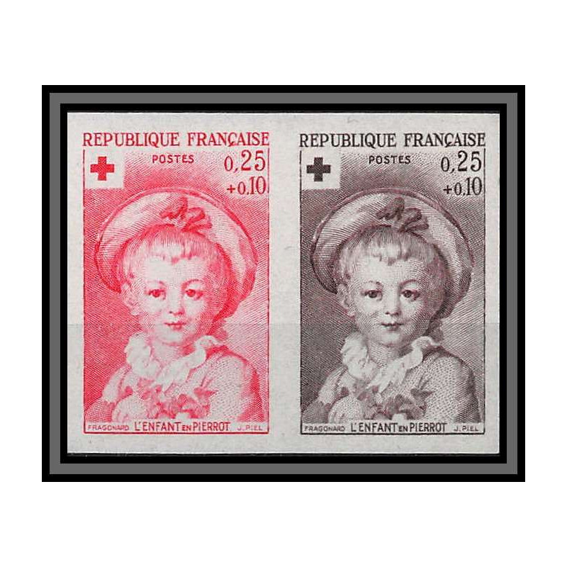France N°1367 Croix rouge red cross 1962 essai proof Non dentelé ** MNH Imperf Fragonard Tableau Painting paire strip