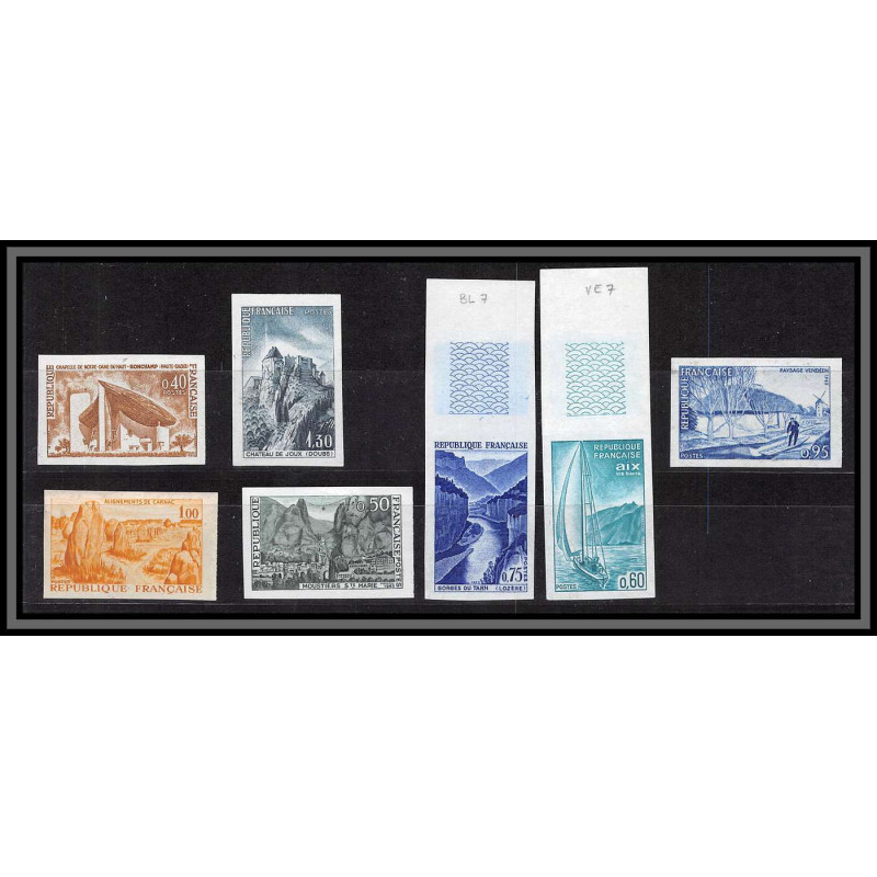 France N°1435/1441 série touristique 1965 ronchamp joux carnac tarn Essai proof Non dentelé imperf Sans gomme no gum (*)