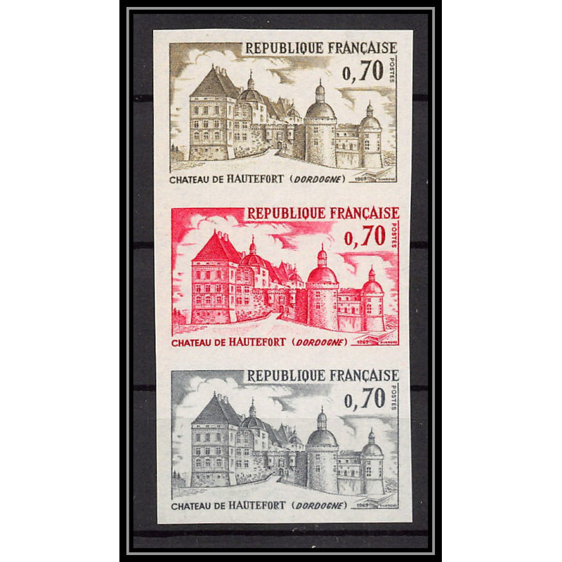 France N°1596 Château (castle) de Hautefort (Dordogne) bande de 3 Essai color proof Non dentelé imperf 